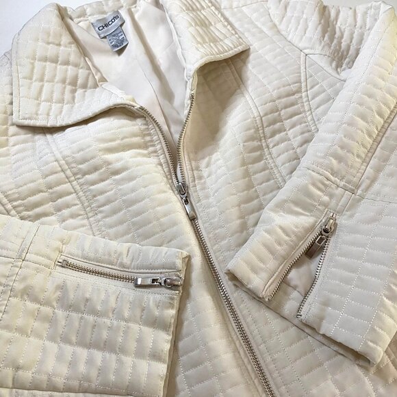 Chico's Ivory White Puffer Quilted Moto Jacket Women's M-12 Neutral Modern - Picture 4 of 11
